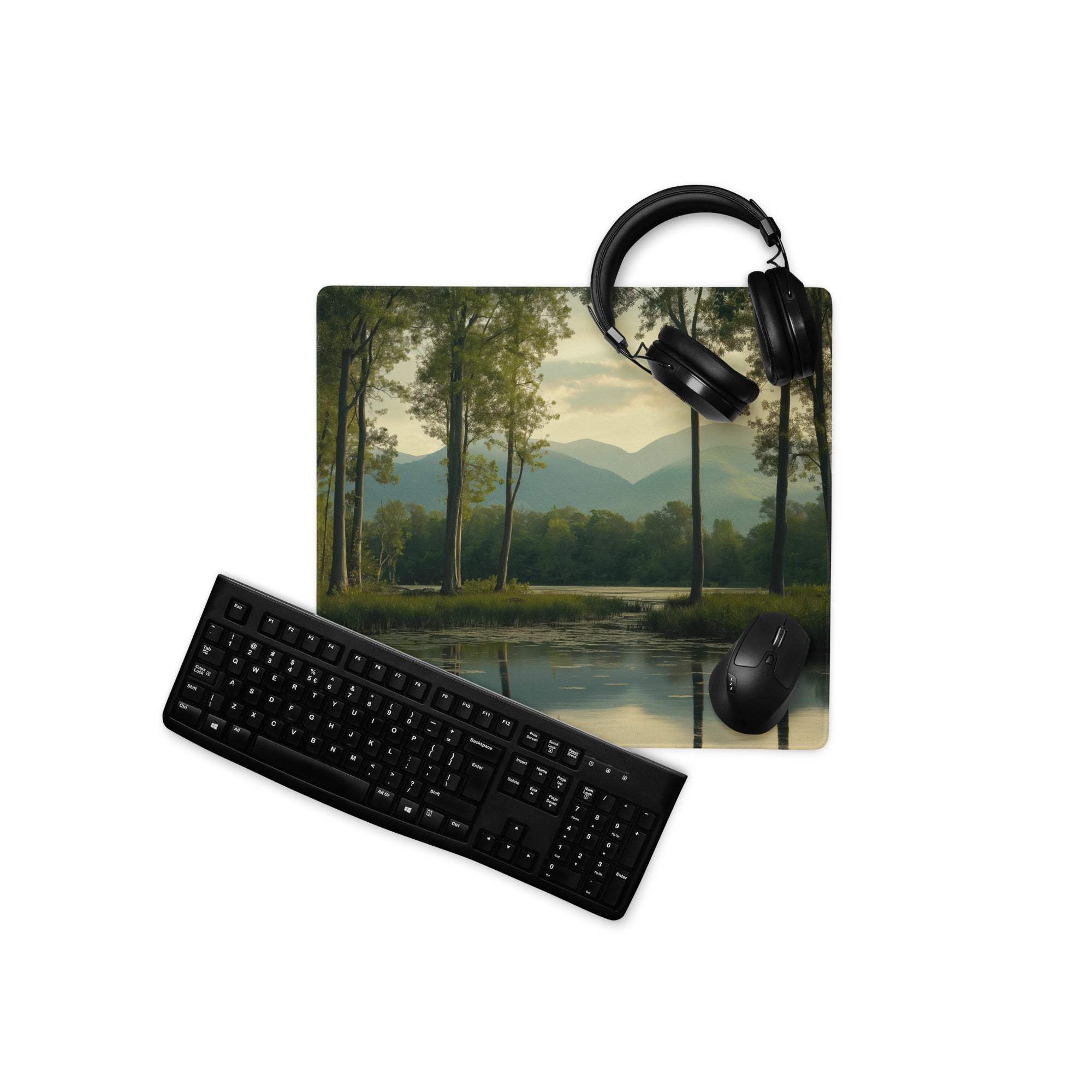 Dark Forest gaming mouse pad with black keyboard, serene trees, mountains, water