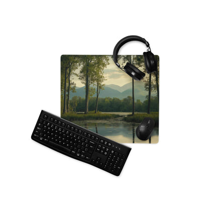 Dark Forest gaming mouse pad with black keyboard, serene trees, mountains, water