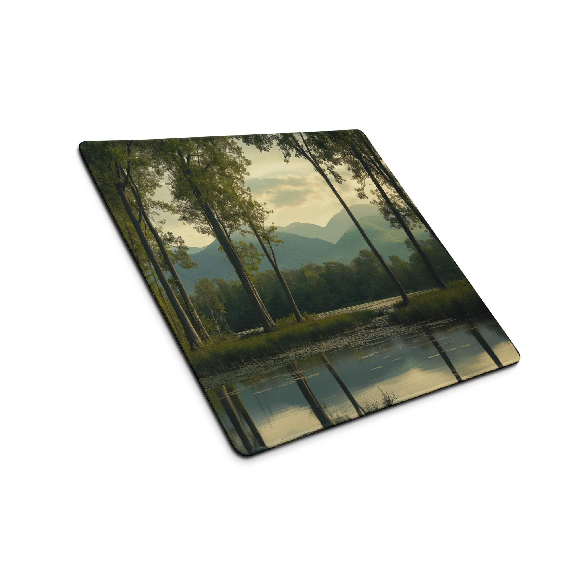 Square forest coaster with serene trees, reflective water, mountains in greens, blues
