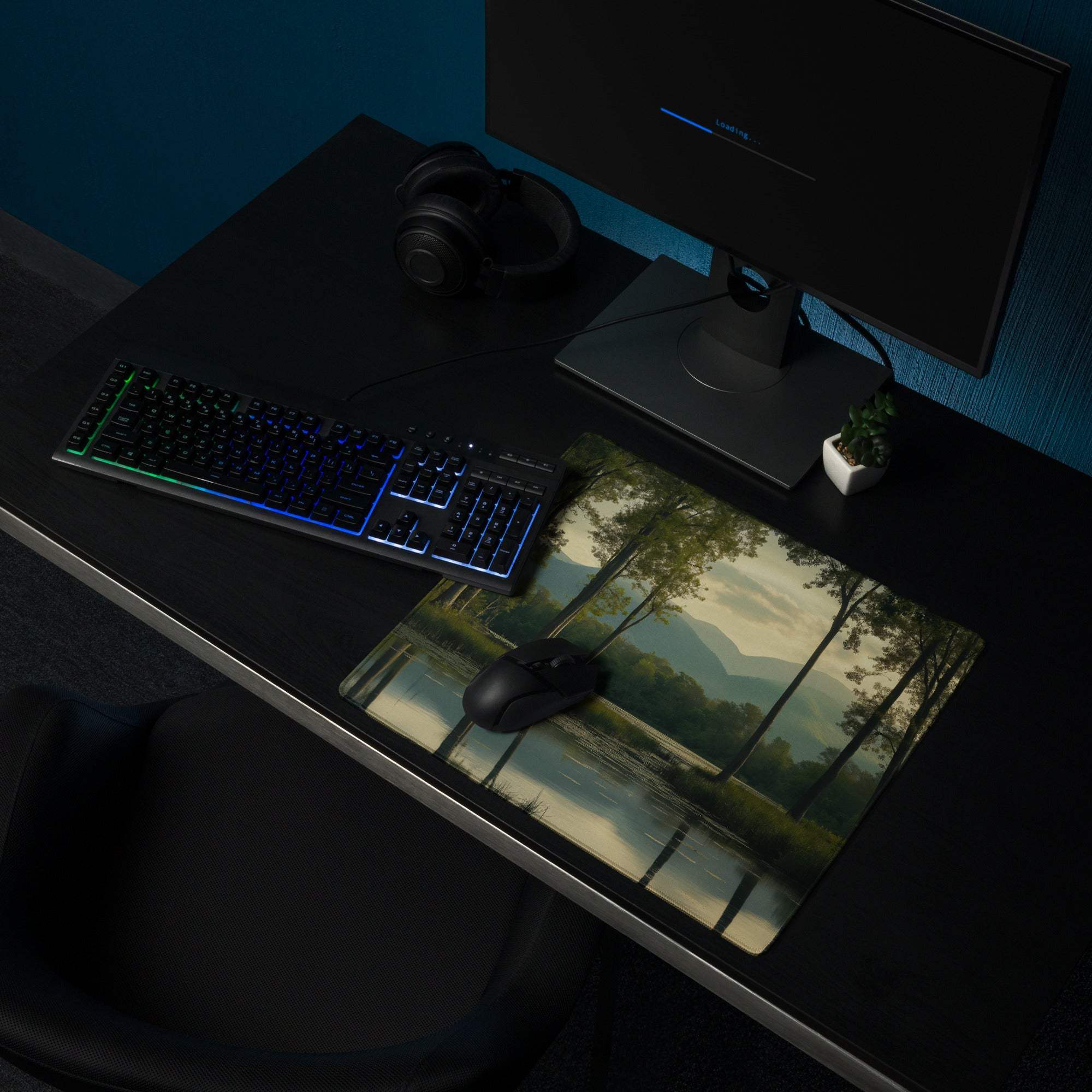 Large Dark Forest Night Scene Gaming Mouse Pad with serene trees, water, mountains