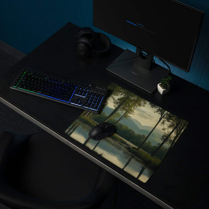 Large Dark Forest Night Scene Gaming Mouse Pad with serene trees, water, mountains