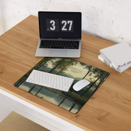 Dark Forest Night Scene gaming mouse pad with forest, mountains, water