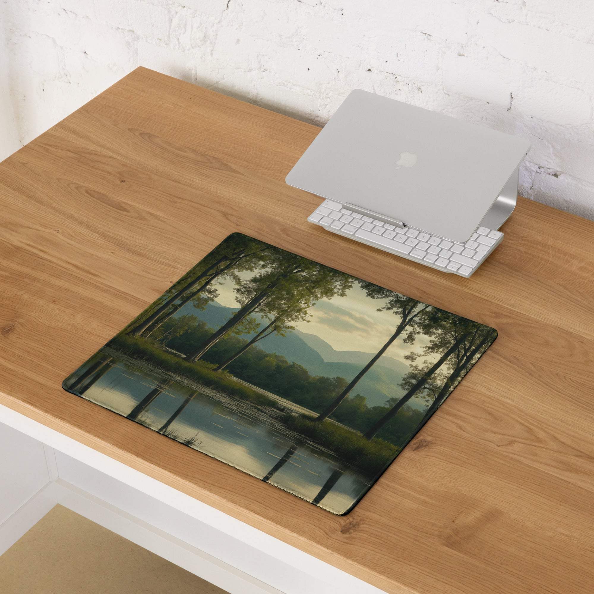 Dark forest night scene gaming mouse pad with serene trees, water, mountains