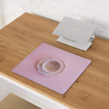 Pink gaming mouse pad with white floral bowl and non-slip backing