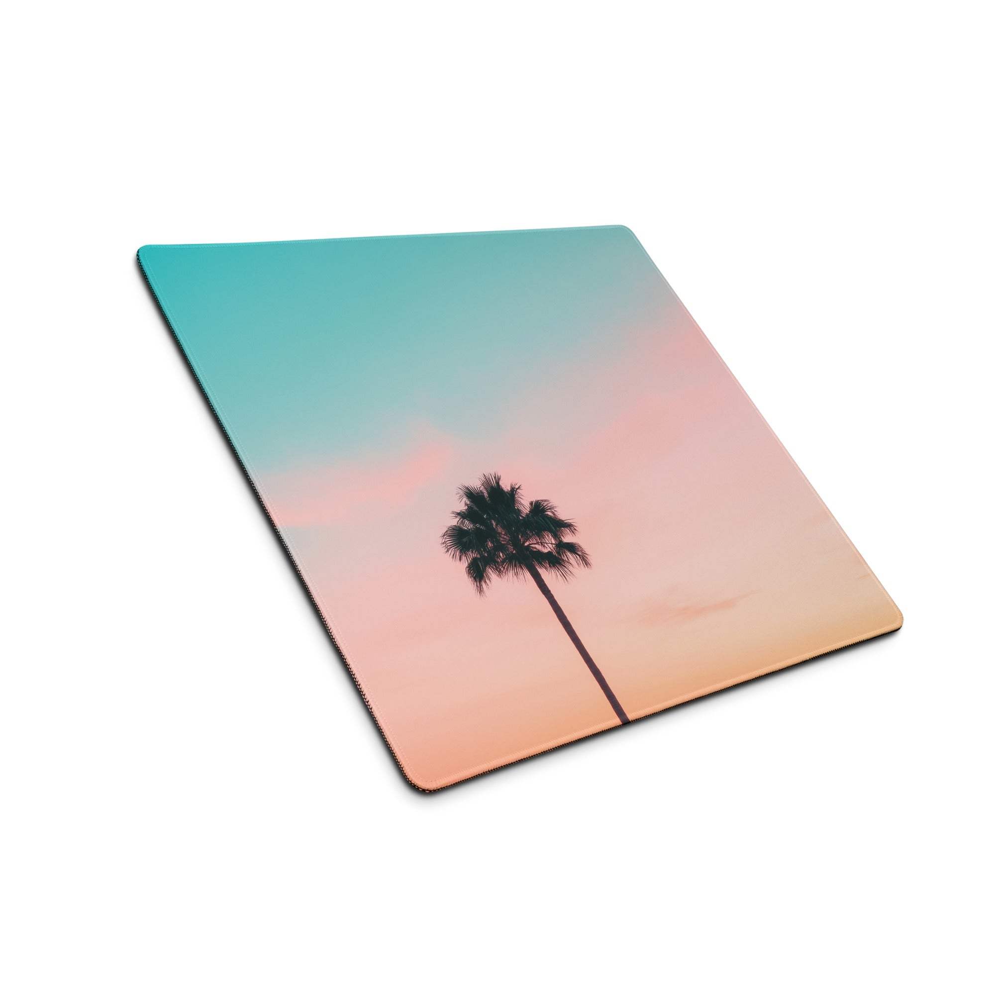 Square pastel sunset palm tree mouse pad with teal-to-peach gradient sky silhouette
