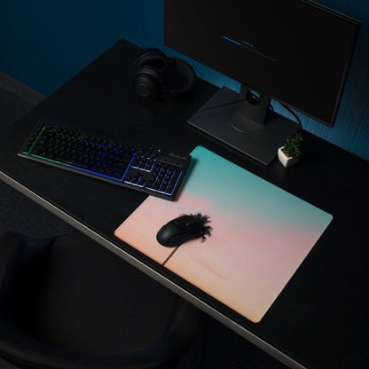 Pastel sunset palm tree gaming mouse pad with pink teal gradient and non-slip base