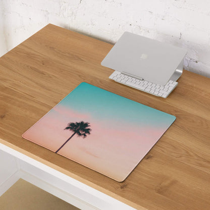 Pastel sunset palm tree gaming mouse pad with pink-to-teal gradient and non-slip base