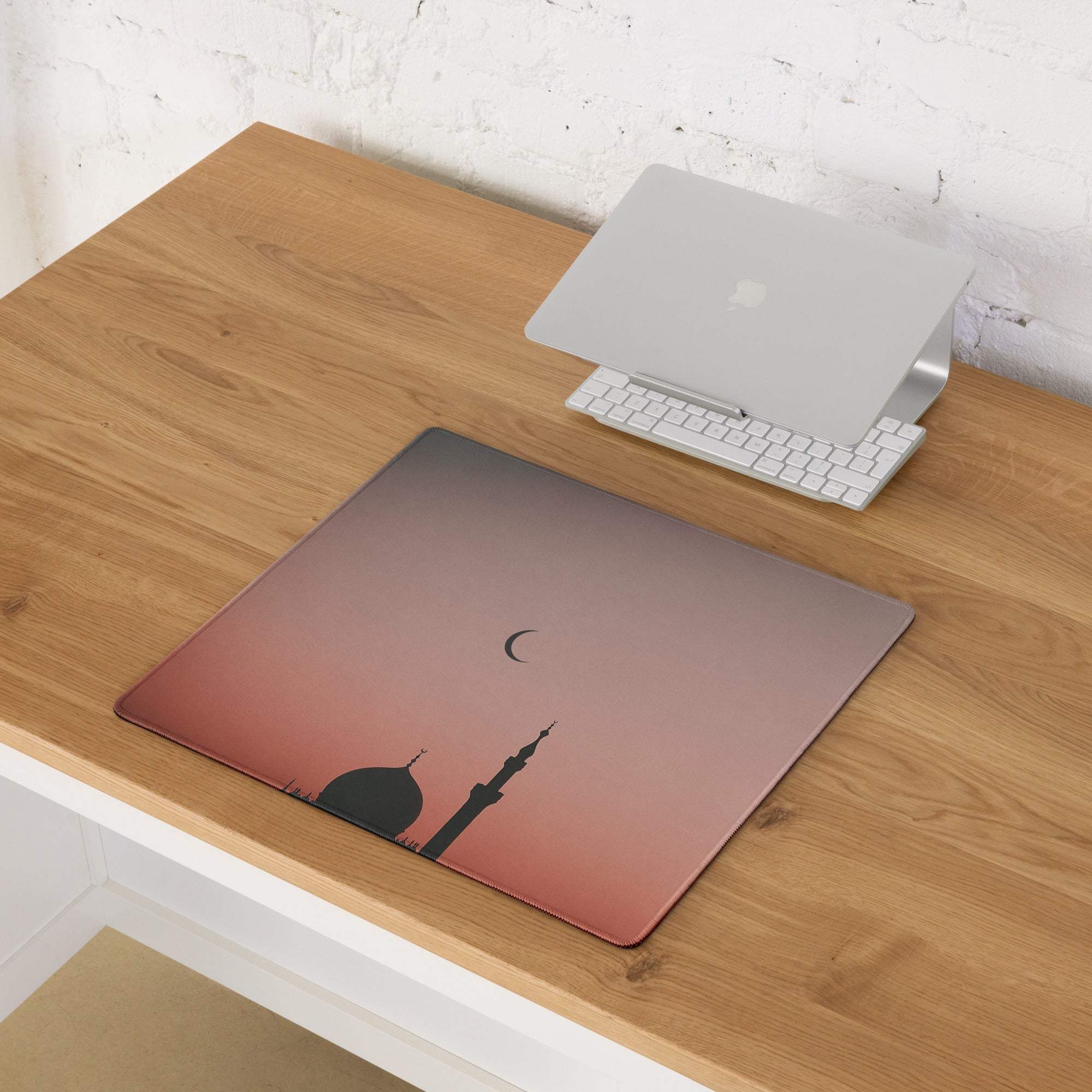 Sleek pink-to-silver gradient laptop sleeve with minimalist mosque silhouette and crescent moon