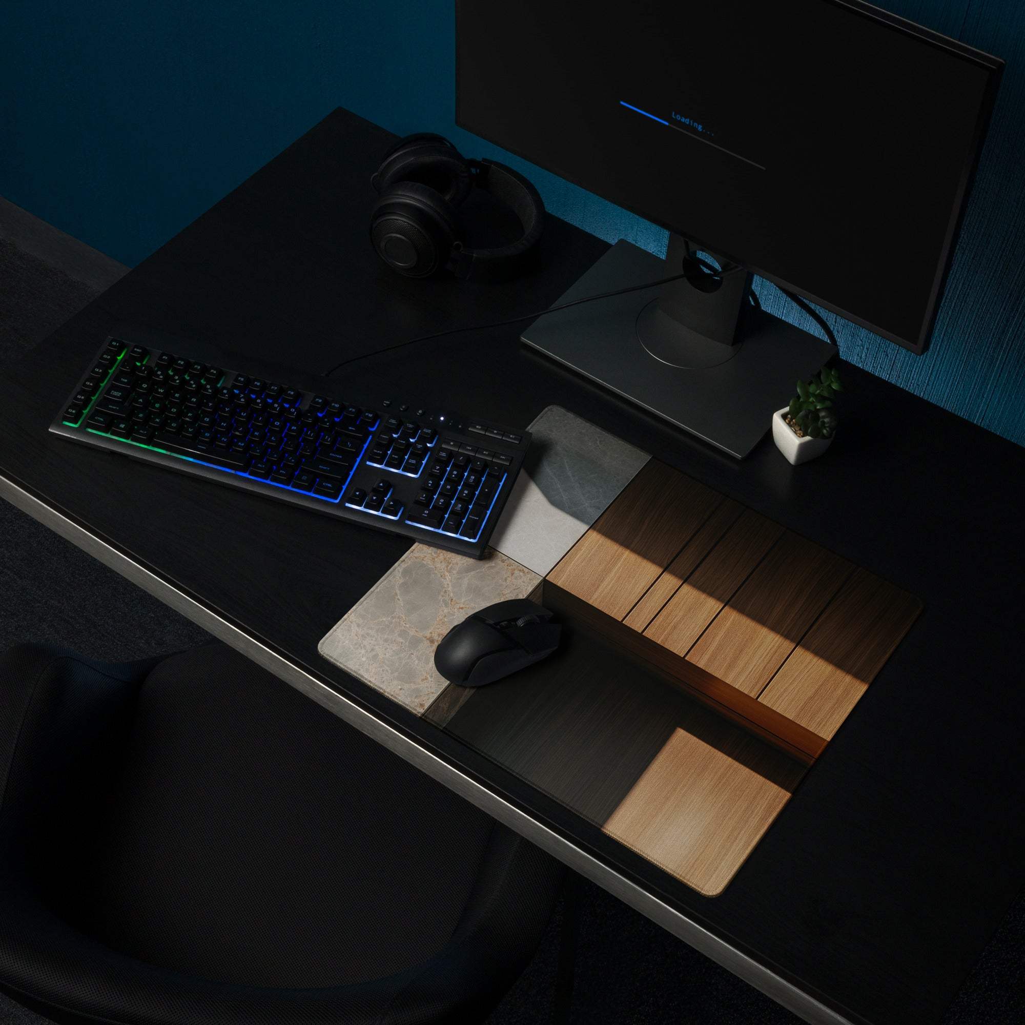 Modern desk gaming mousepad with matte black, beige stone, wood inlays