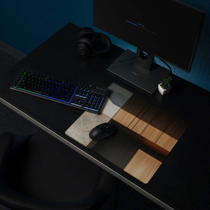 Modern desk gaming mousepad with matte black, beige stone, wood inlays