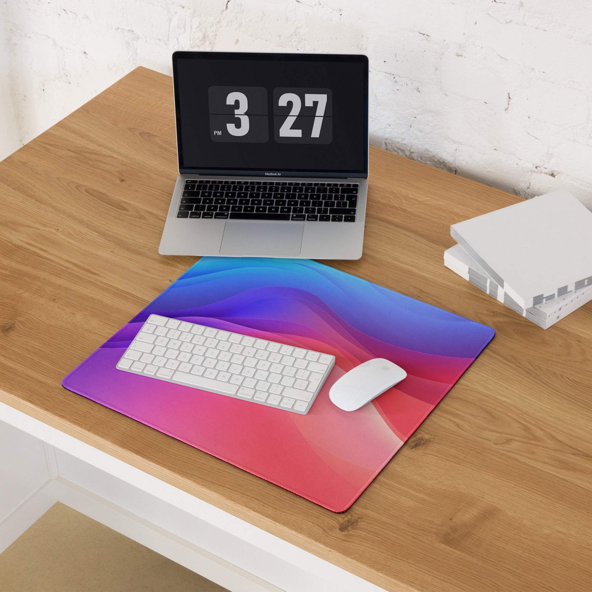 Vibrant gradient large gaming mouse pad with blue purple pink red hues non-slip base stitching