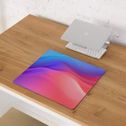 Vibrant gradient large gaming mouse pad with blue purple pink flows non-slip base stitching