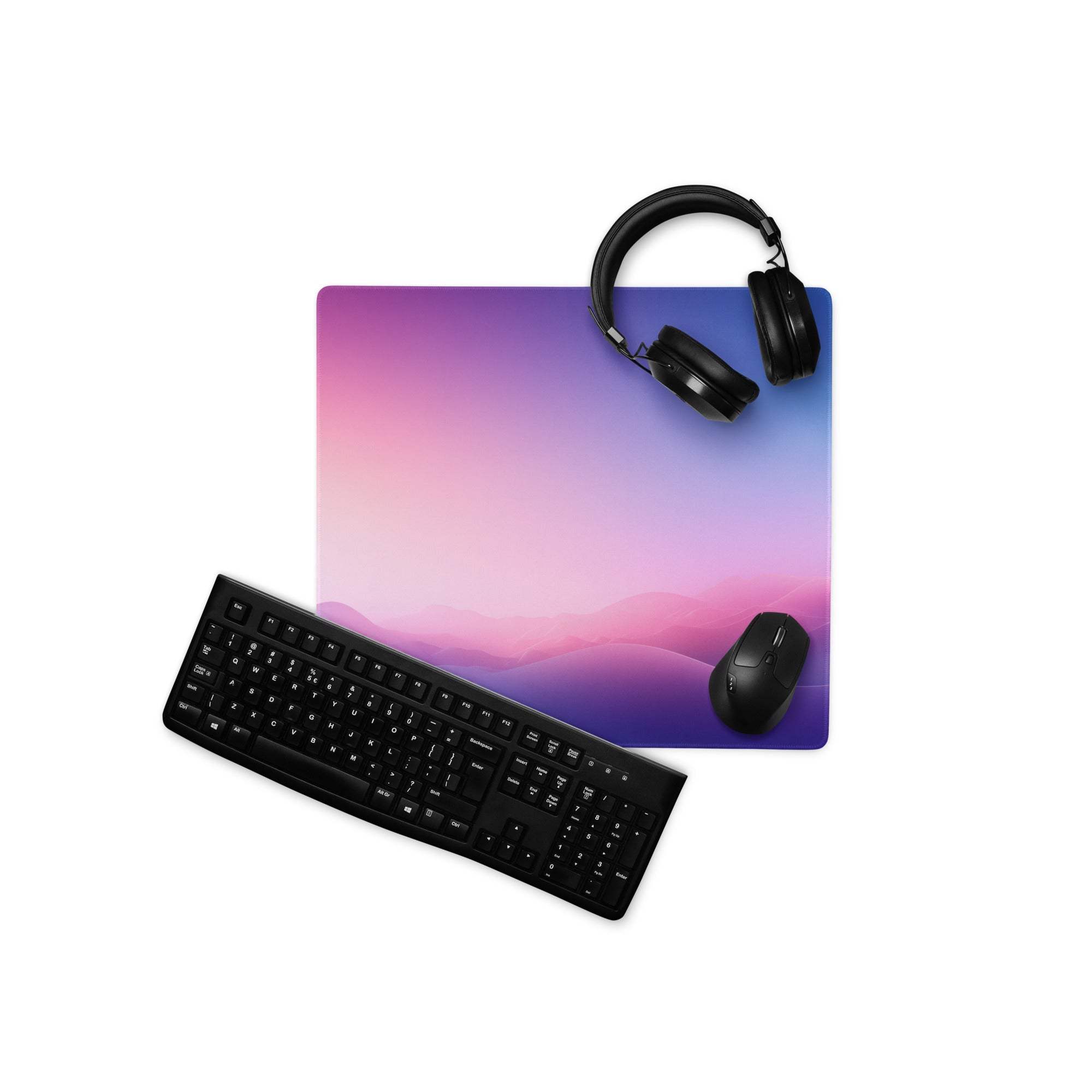 Purple pink gradient stitched gaming mousepad with mountain silhouette