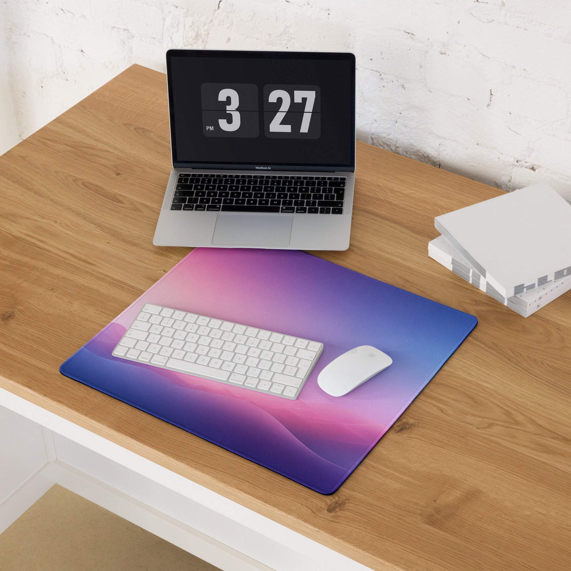 Pastel gradient stitched gaming mouse pad with purple-blue hues, non-slip base