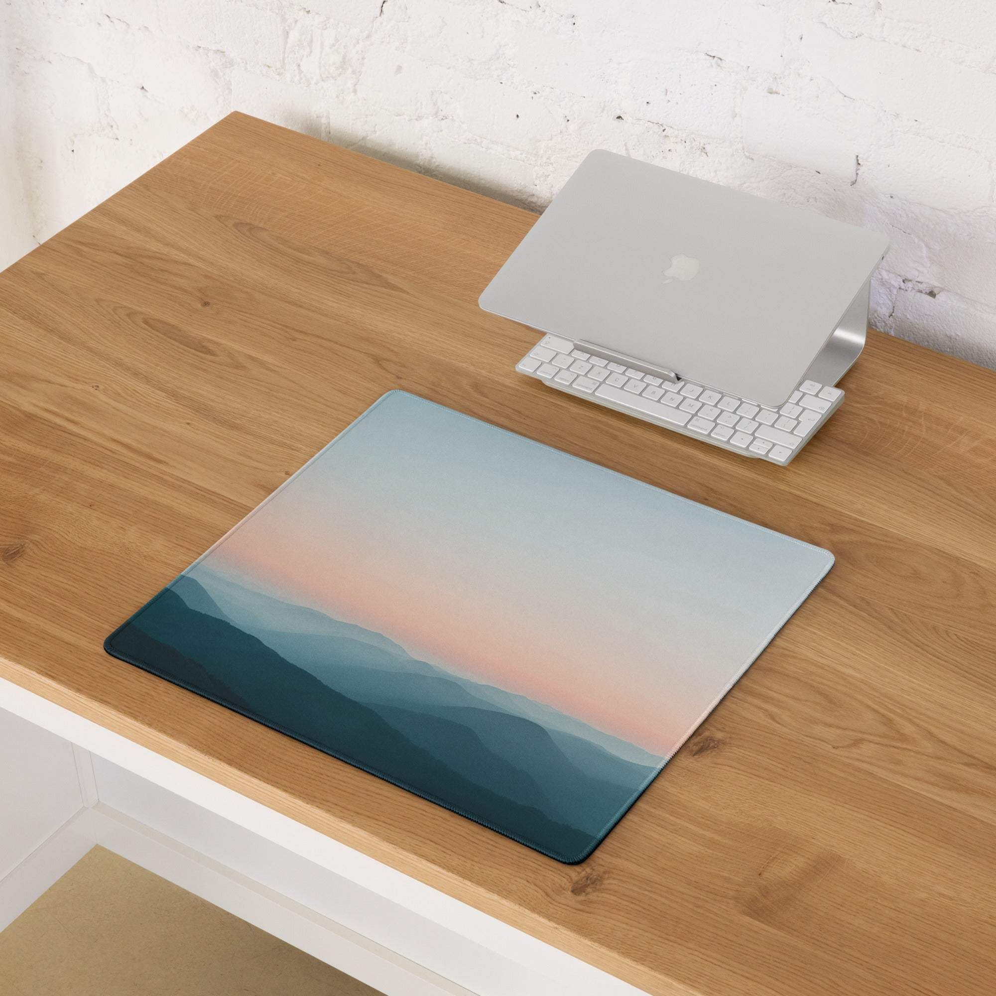 Serene Mountain Sunset Pastel Horizon large gaming mouse pad, teal peach gradient