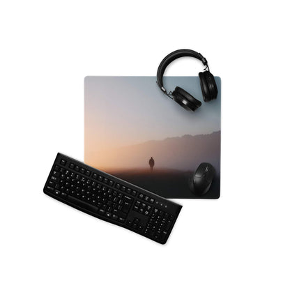 Large immersive sunset gradient gaming mouse pad with silhouetted mountains
