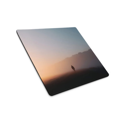 Large square matte gaming mousepad with misty sunrise hills and non-slip base