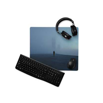 Blue mist horizon fog gaming mouse pad with misty beach figure