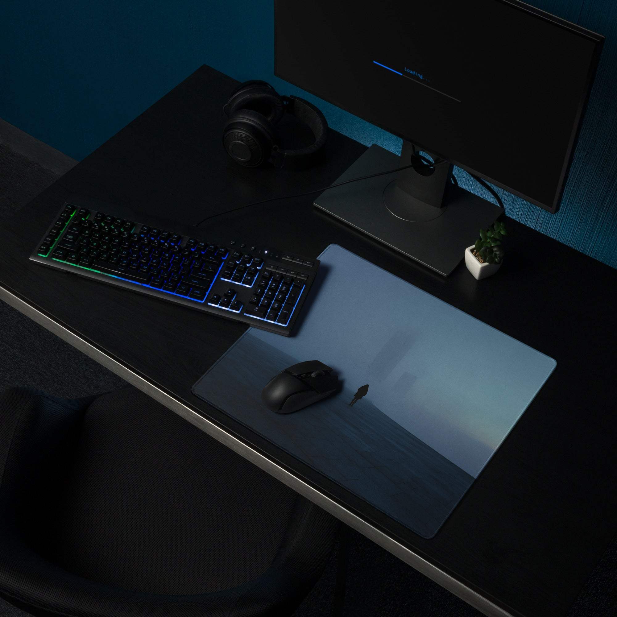 Sleek Moody Blue Mist Horizon Fog gaming mouse pad with light blue to dark gray gradient