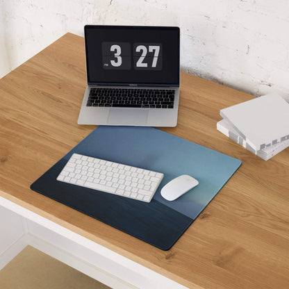 Blue Mist Horizon Fog gaming mousepad with white keyboard and mouse