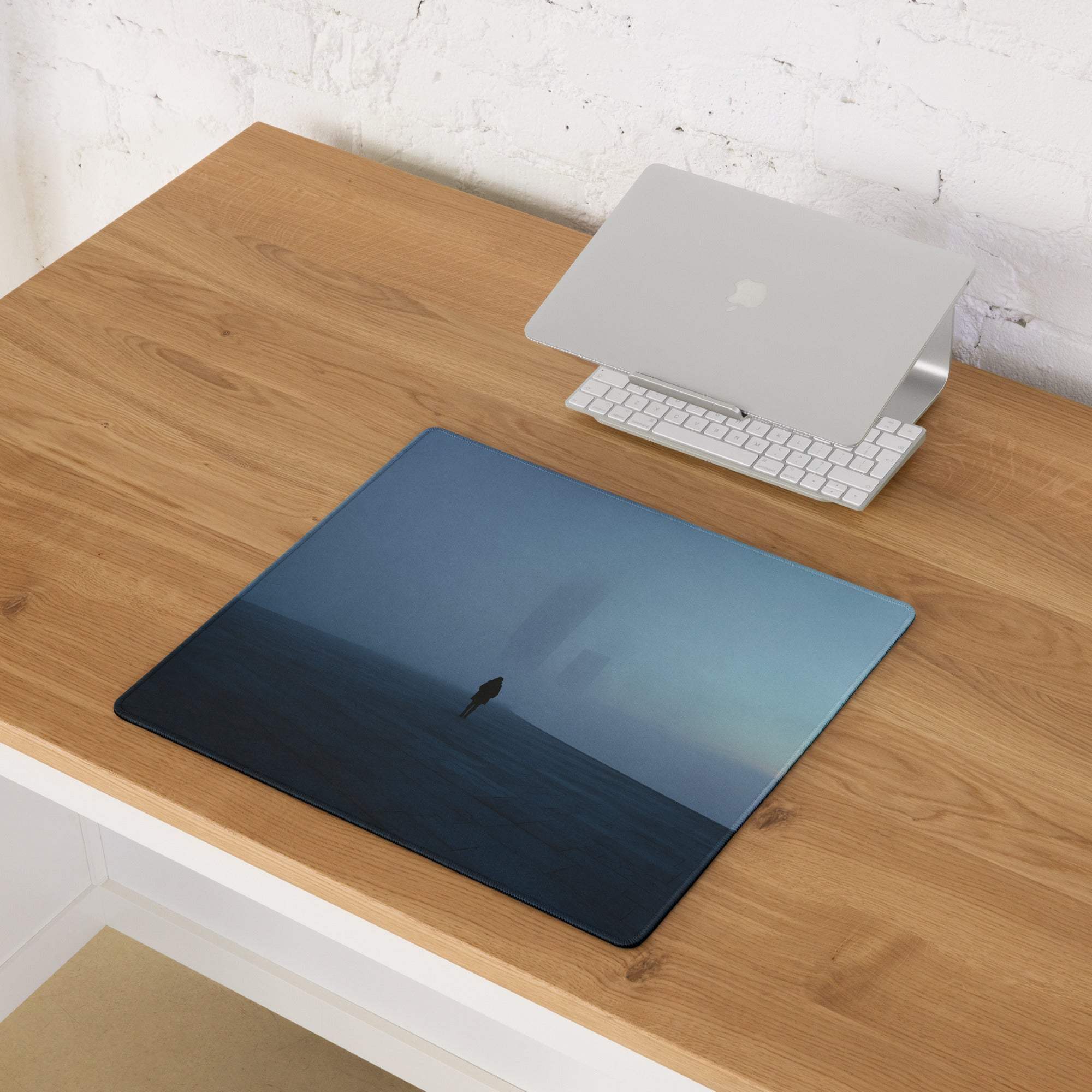 Blue mist horizon minimalist gaming mousepad with silhouette figure