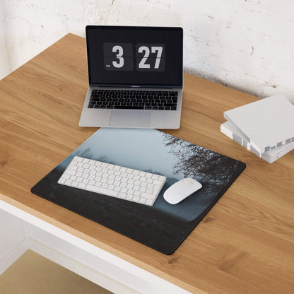 Large cinematic misty park bench landscape gaming mouse pad with trees and misty sky