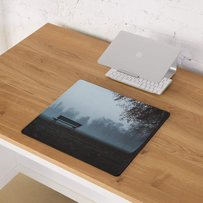 Large cinematic misty park bench forest gaming mouse pad with bench