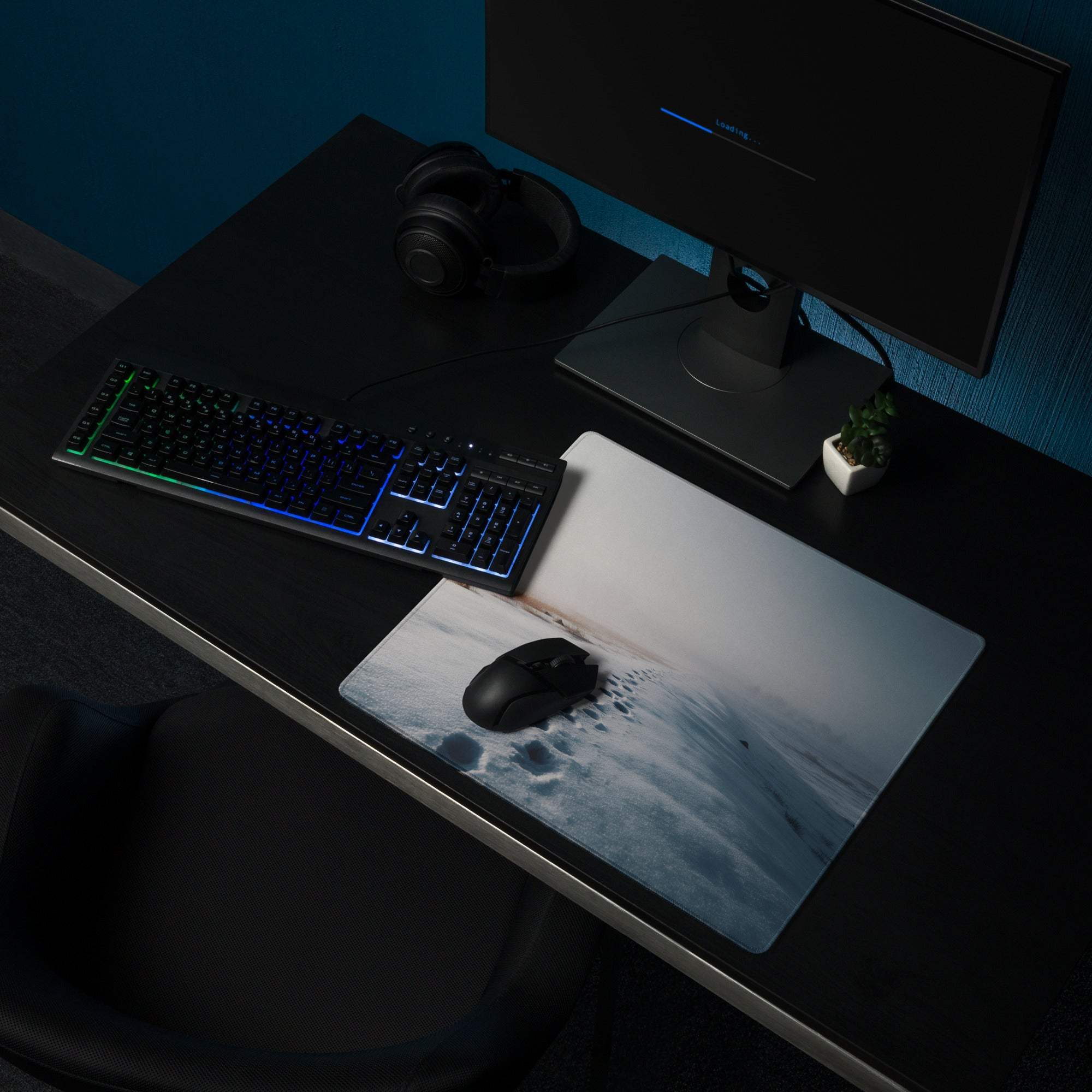 Calm Winter Blue Snowfield large gaming mouse pad with frosty wave design