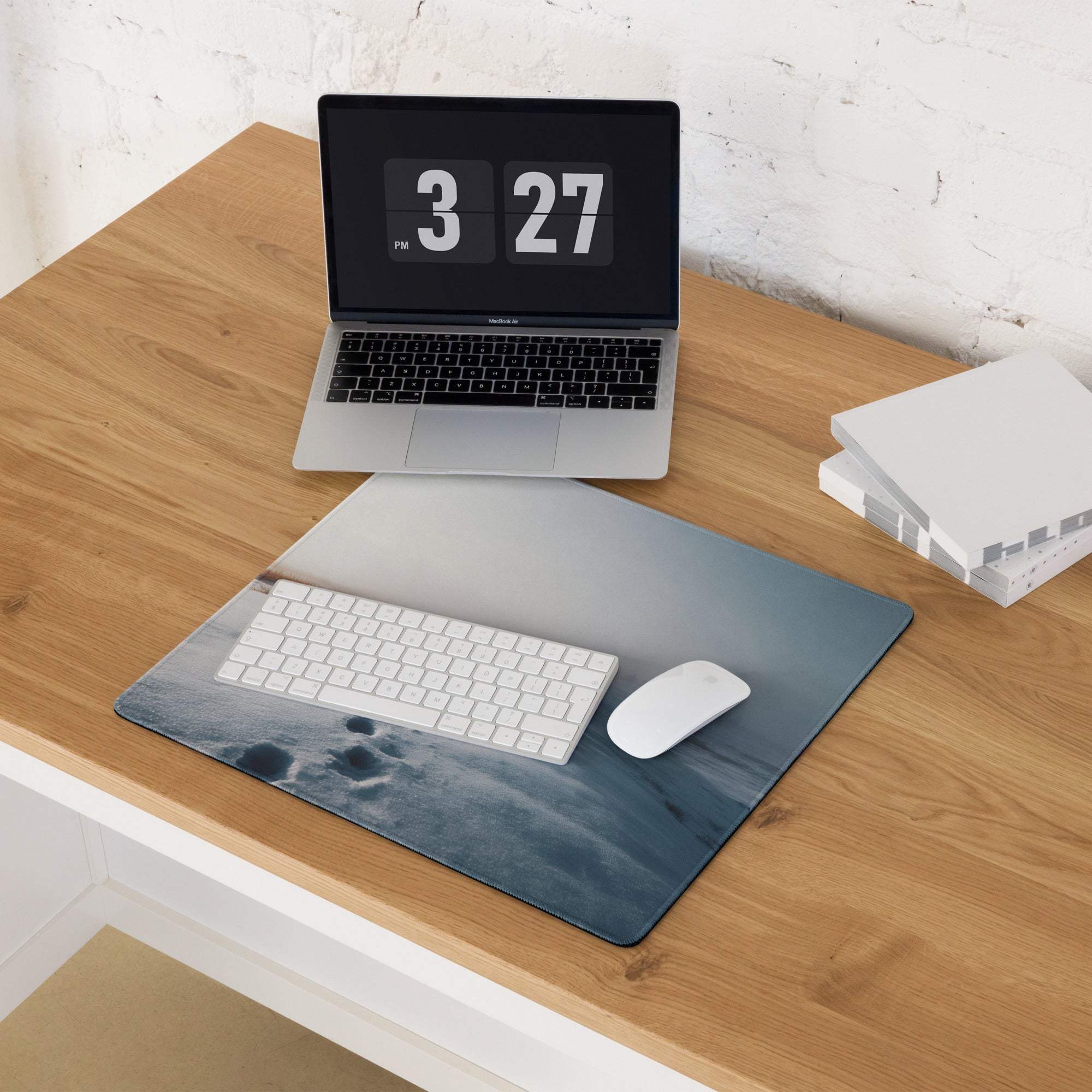Calm Winter Blue large gaming mouse pad with wave design and non-slip base