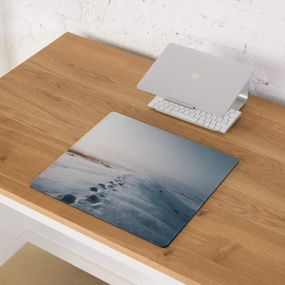 Large calm winter blue snowfield gaming mouse pad with snow footprints, non-slip base