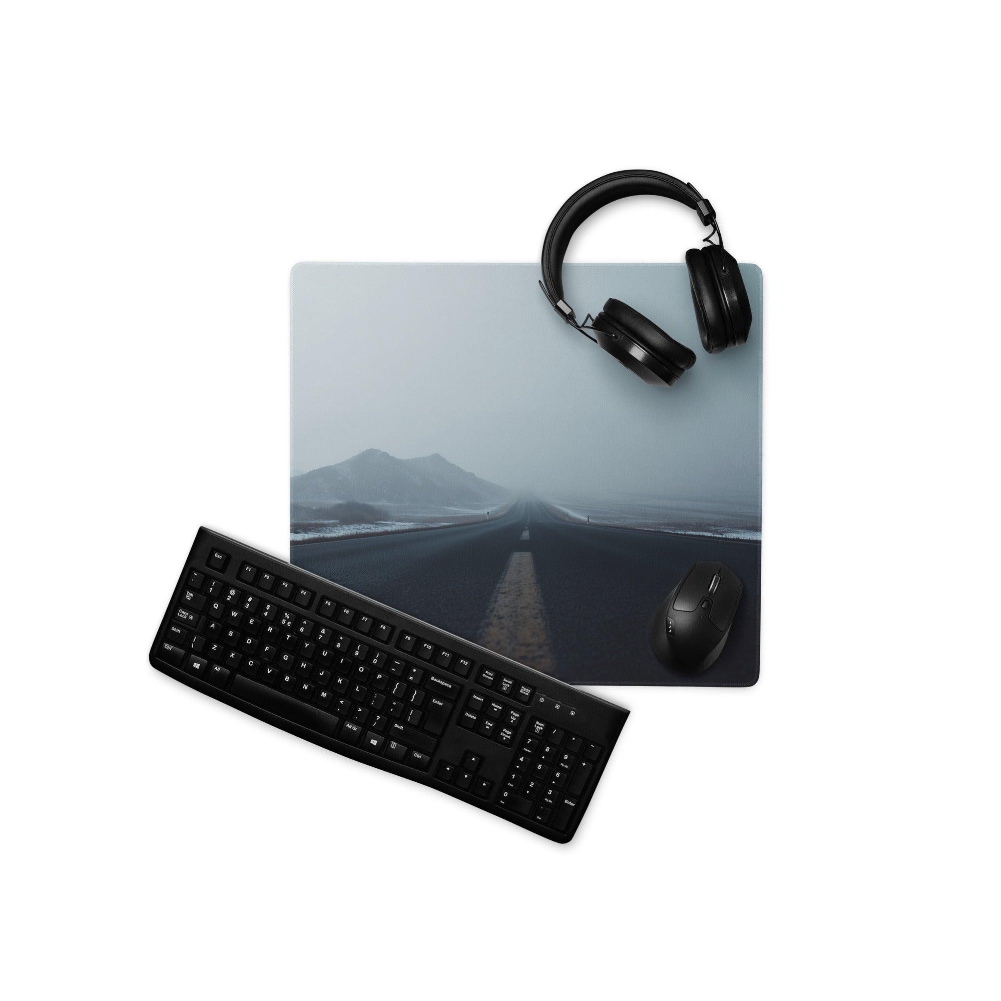 Black wireless keyboard on Calm Snowy Road gaming mouse pad
