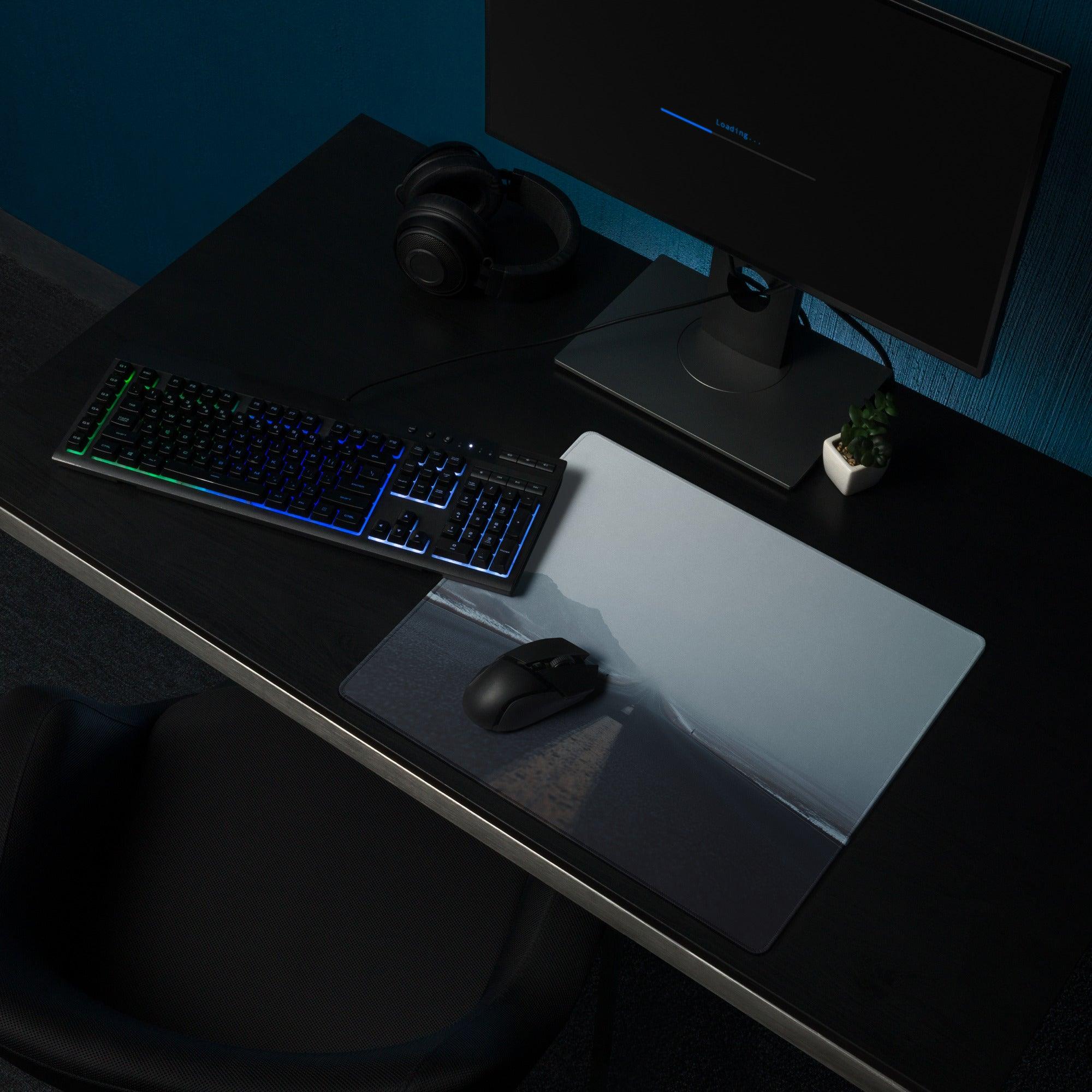 Sleek translucent gaming mousepad with calm snowy road in blue mist gradient