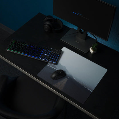 Sleek translucent gaming mousepad with calm snowy road in blue mist gradient