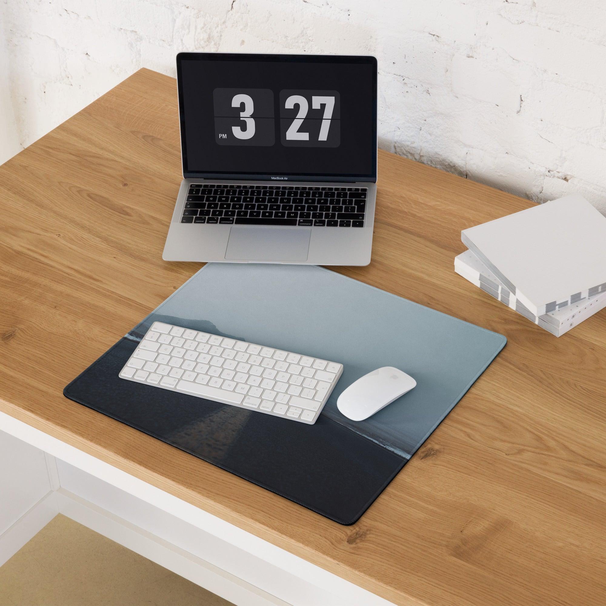 Calm snowy road in blue mist extra large gaming mouse pad, gradient blue-black design