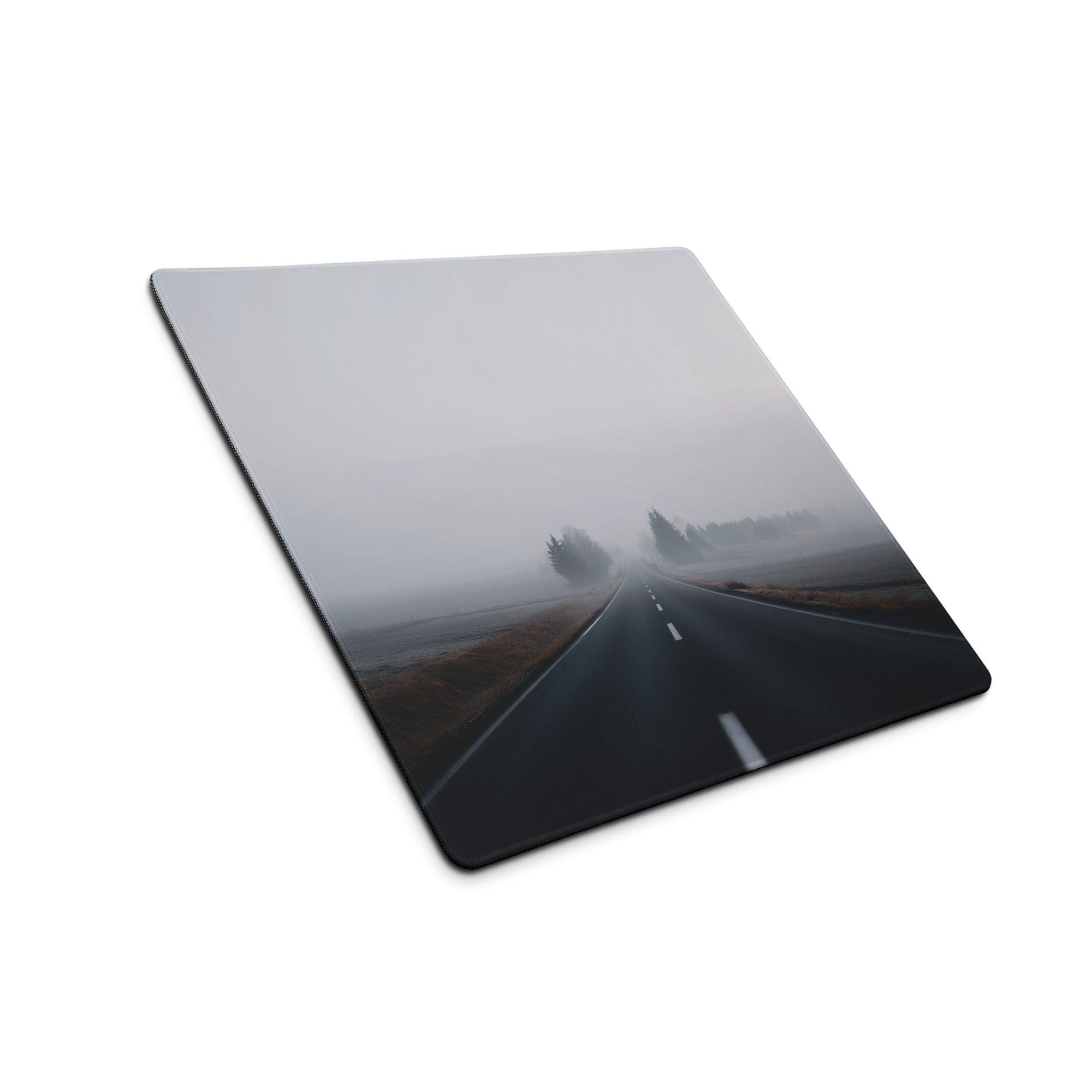 Sleek ultra wide Misty Gray Mood gaming mousepad with foggy road photo