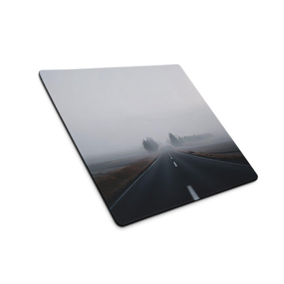 Sleek ultra wide Misty Gray Mood gaming mousepad with foggy road photo