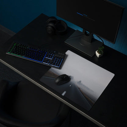 Professional ultra wide misty gray gaming mouse pad with minimalist road design