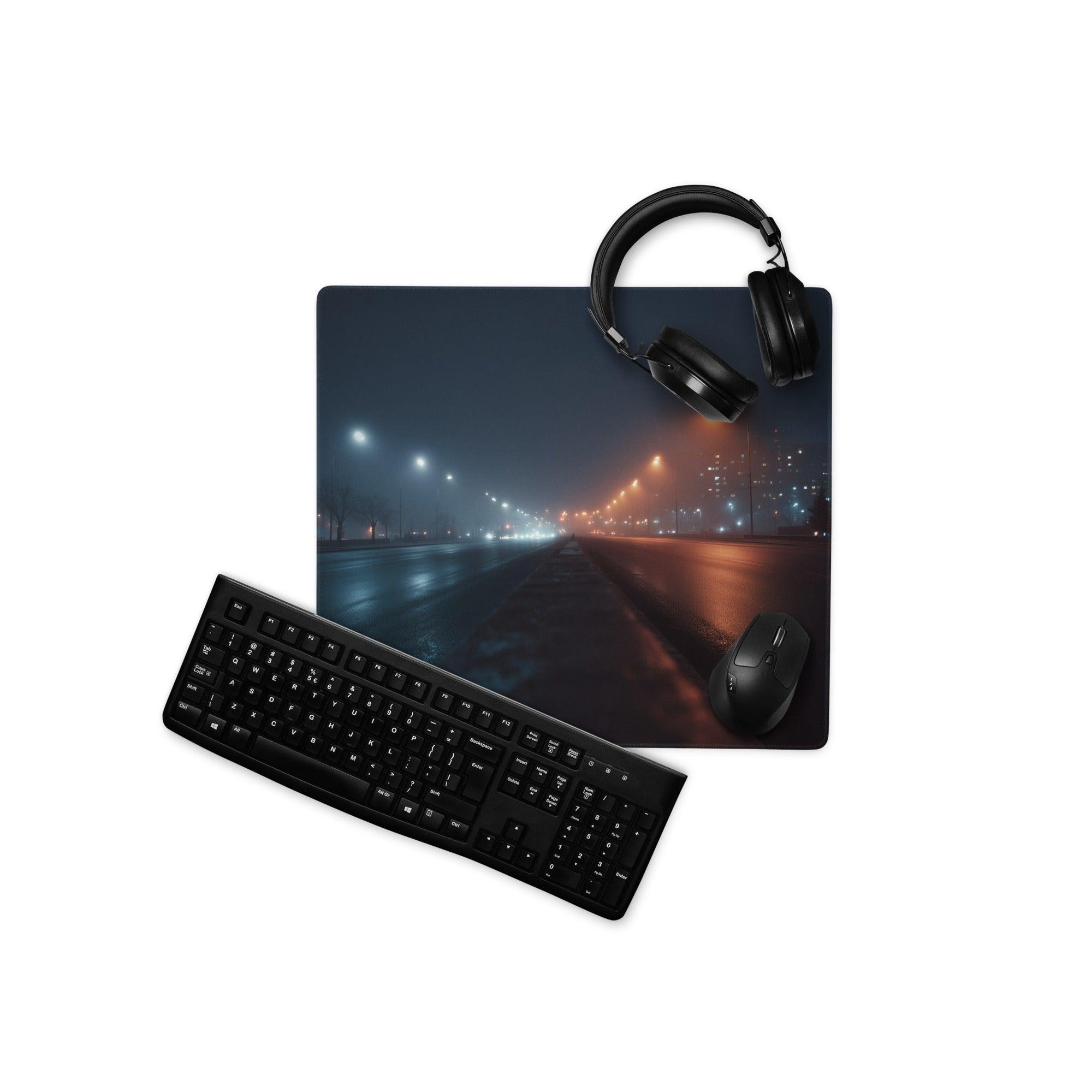 Black ergonomic matte keyboard on Night City Neon Glow mouse pad