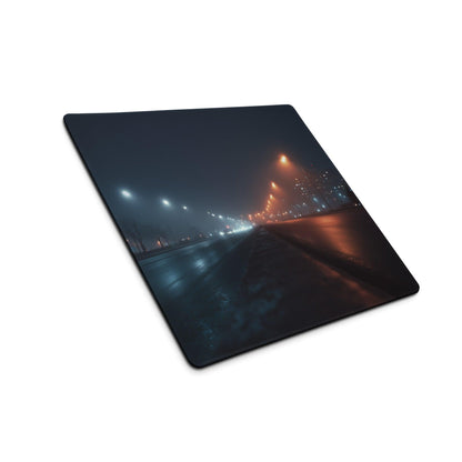 Night city neon glow moody blue streetscape gaming mouse pad