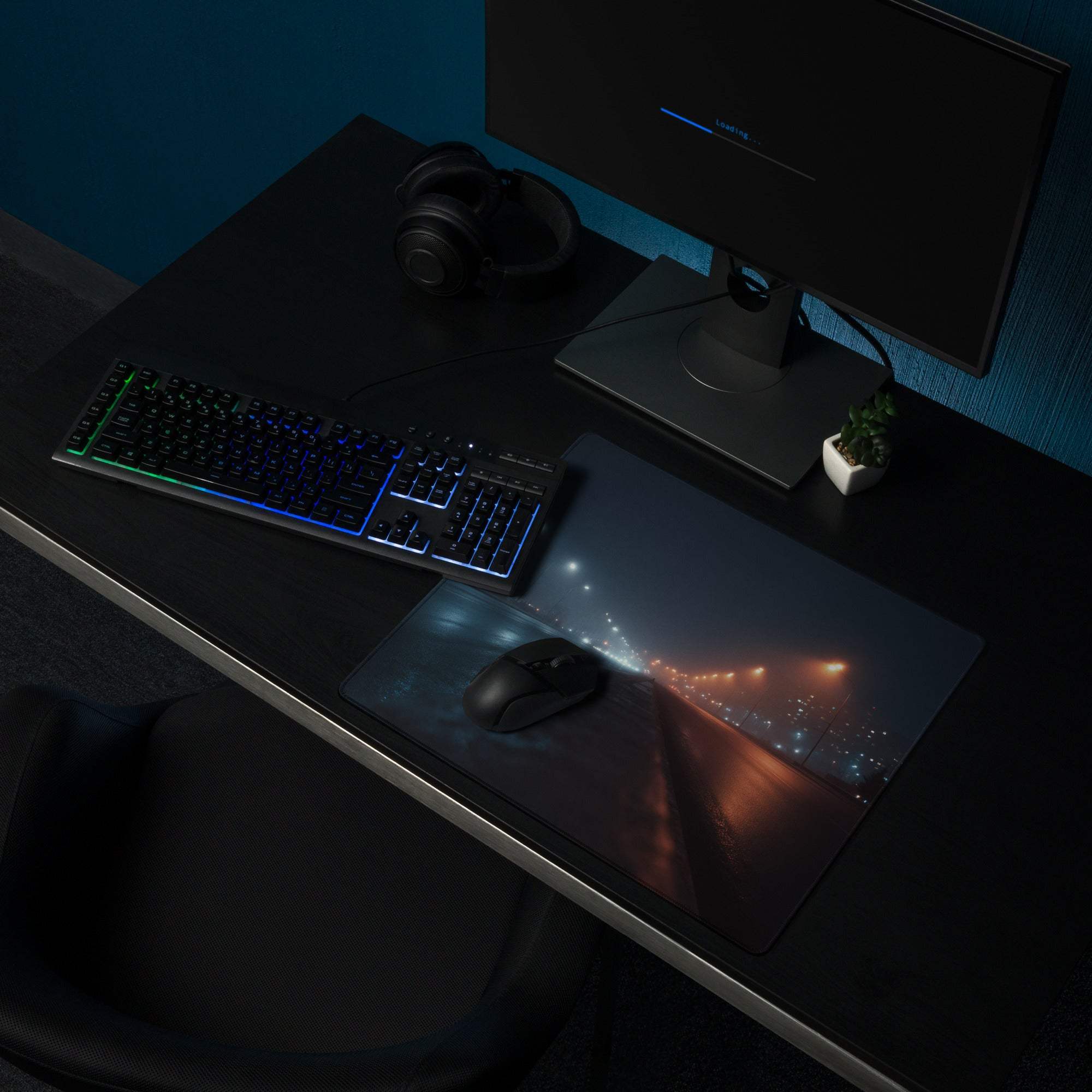 Night City Neon Glow Moody Blue cosmic gaming mouse pad