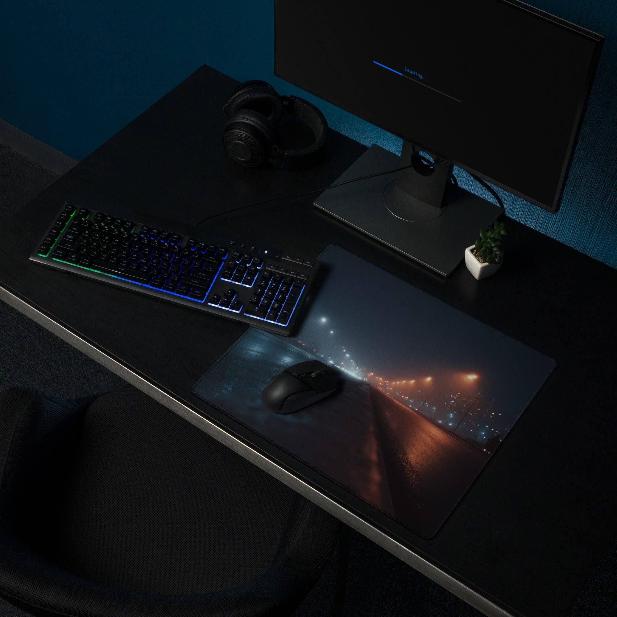 Night City Neon Glow Moody Blue cosmic gaming mouse pad