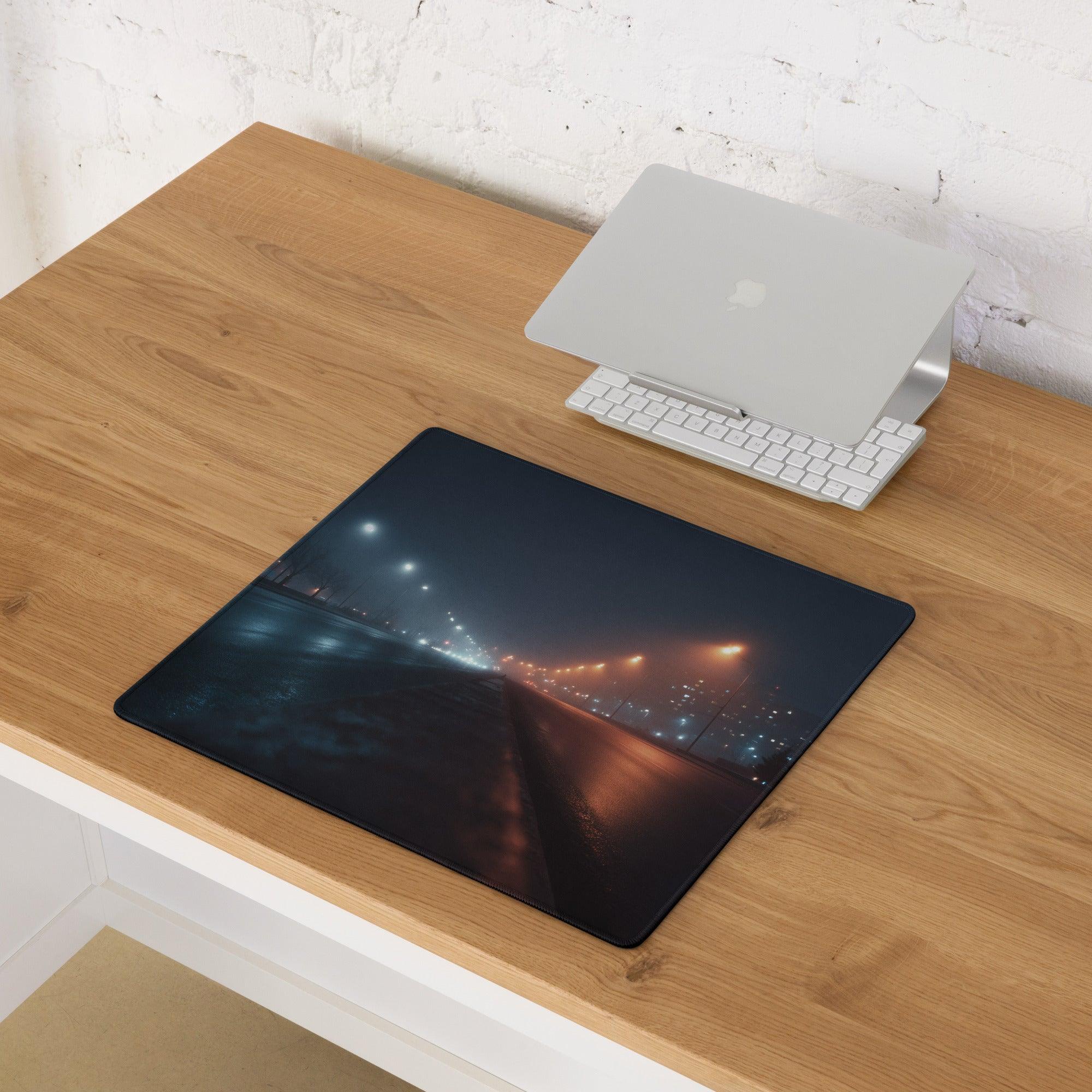Night city neon glow moody blue streetscape gaming mouse pad