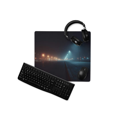 Cinematic night street mousepad with neon glow, oversized desk pad beside black keyboard and headphones