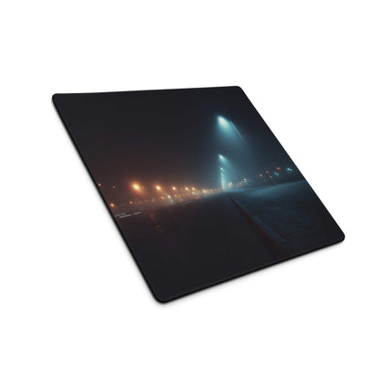 Black rectangular oversized gaming mousepad with cinematic foggy night street, neon blue glow