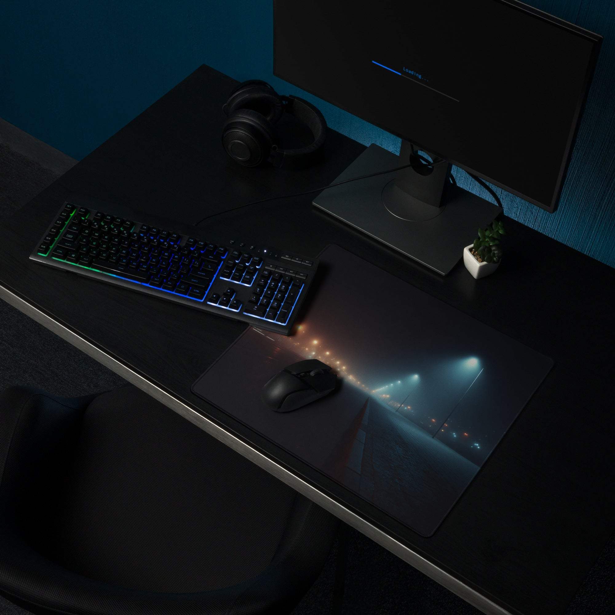Black gaming mousepad with illuminated neon highway scene