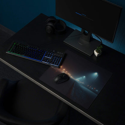 Black gaming mousepad with illuminated neon highway scene