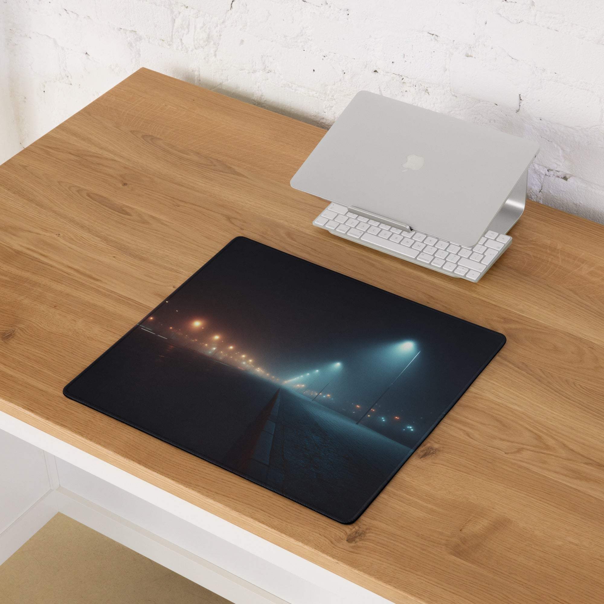 Black rectangular oversized gaming mousepad with cinematic night street scene, neon blue glow, fog, headlights