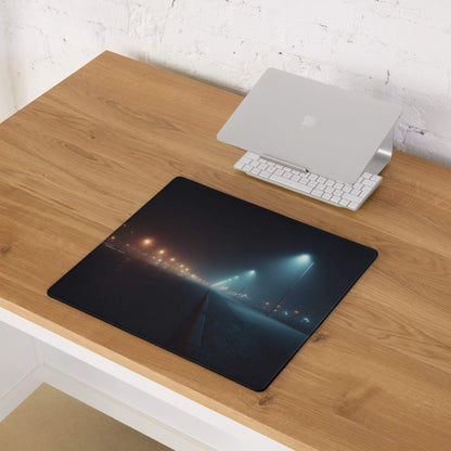 Black rectangular oversized gaming mousepad with cinematic night street scene, neon blue glow, fog, headlights