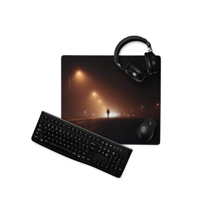 Dark Street Night large gaming mouse pad with moody street scene and headphones