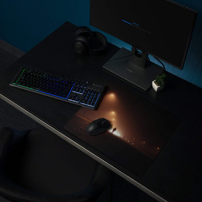 Black gaming mousepad with glowing cityscape and non-slip stitched base